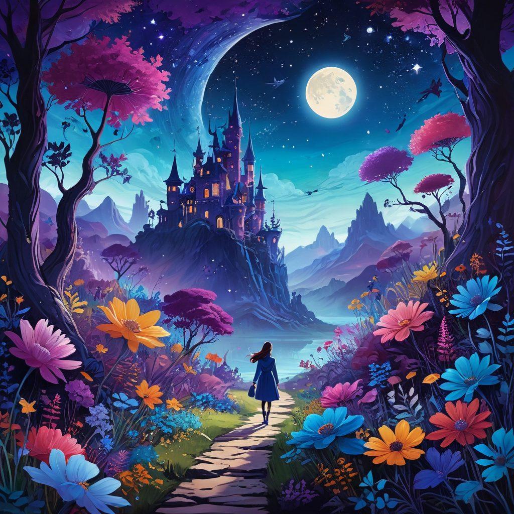 A whimsical journey through a vibrant animated landscape filled with surreal characters and abstract forms, showcasing the blend of fantasy and adult themes. Elements of both allure and curiosity should be present, with shades of deep purples and electric blues symbolizing mystery and intrigue. Include playful motifs like oversized flowers and sparkling stars to ignite imagination while hinting at mature content themes. The scene should have a dreamlike quality that invites exploration. colorful illustration. surrealism. vibrant colors.