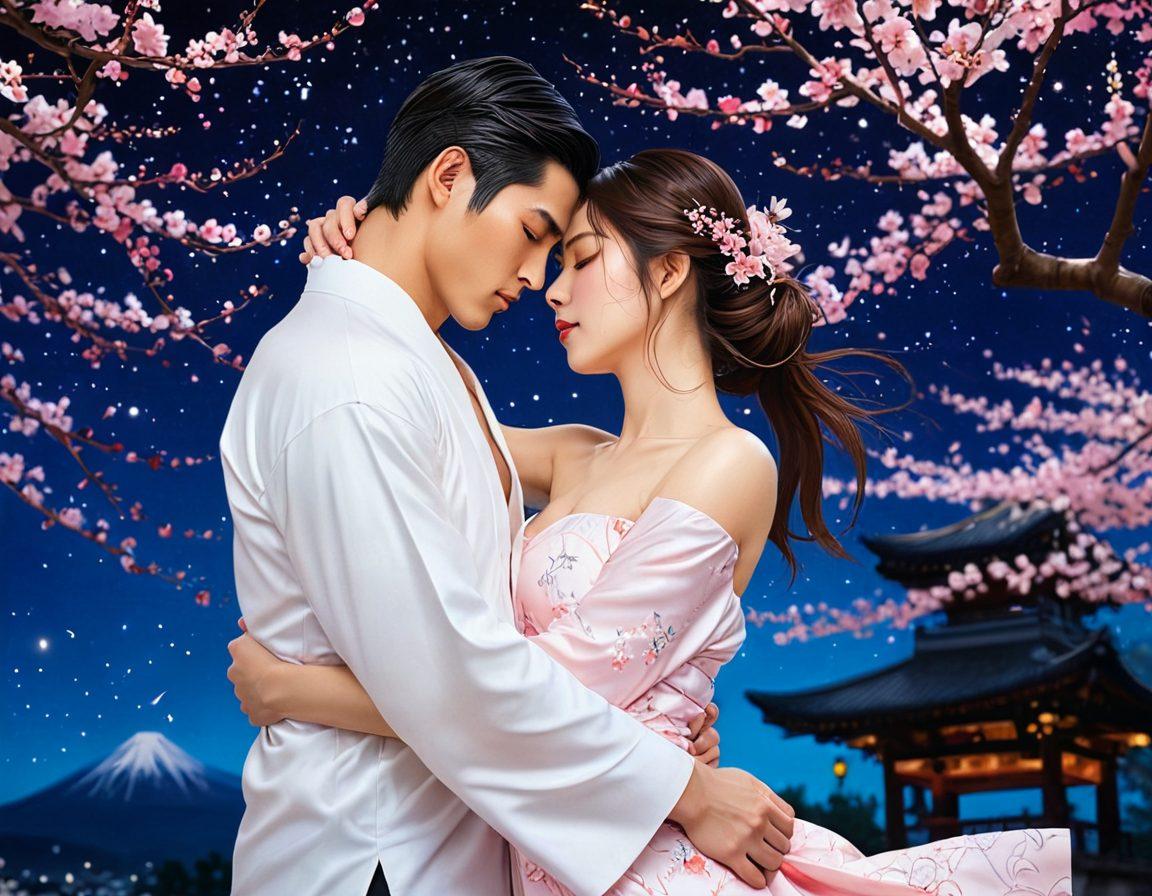 An intricate composition featuring a sensual, beautifully illustrated couple lost in an intimate moment, surrounded by ethereal elements like flowing cherry blossom petals and shimmering starry skies. The artwork should reflect a blend of eroticism and artistry, with delicate line work and vivid colors highlighting their expressions and emotions. Include hints of traditional Japanese manga influence. super-realistic. vibrant colors. manga style.